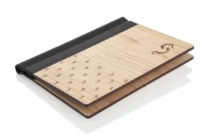 Wooden menu with leather spine