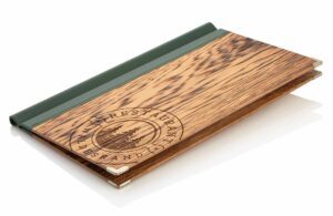 narrow menu made of flamed oak wood