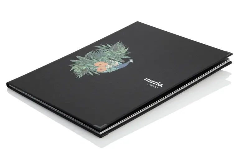 schwarze Speisekarte aus Leder mit Logo-Druck