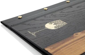 Gold embossing on wooden menu
