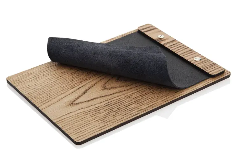 Menuboard with bar made of flamed wood and leather cover