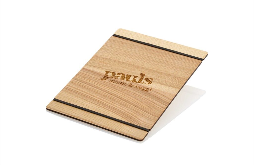 Oak wood menuboard with black rubber bands