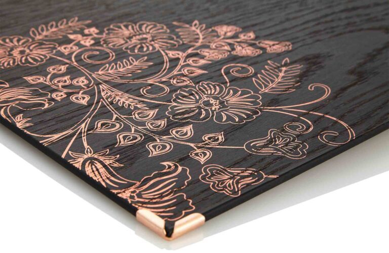 Menuboard back with metallic embossing in copper