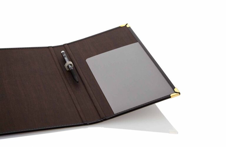 Room folder model King made of brown soft leather with ballpoint pen bracket