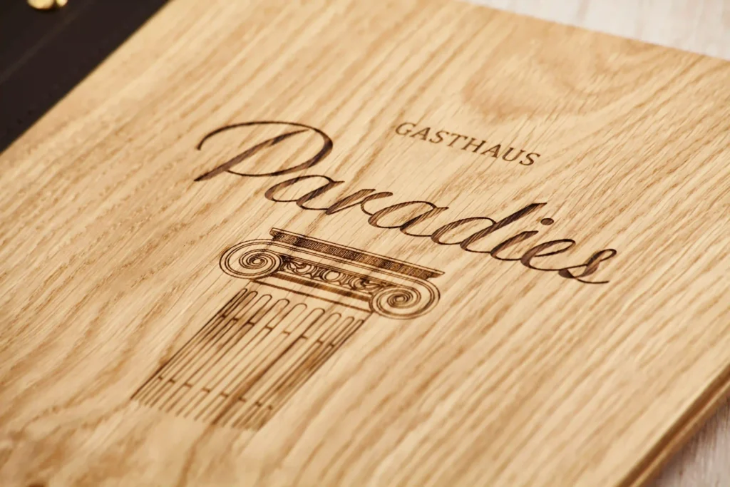 Wooden menu with branding