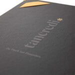 Menuboard made of linen in black with logo print