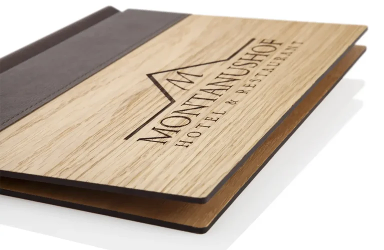 Wooden menu with leather spine