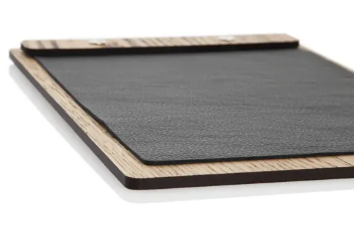 Menuboard aus Holz mit Leiste und Echtledercover in schwarz